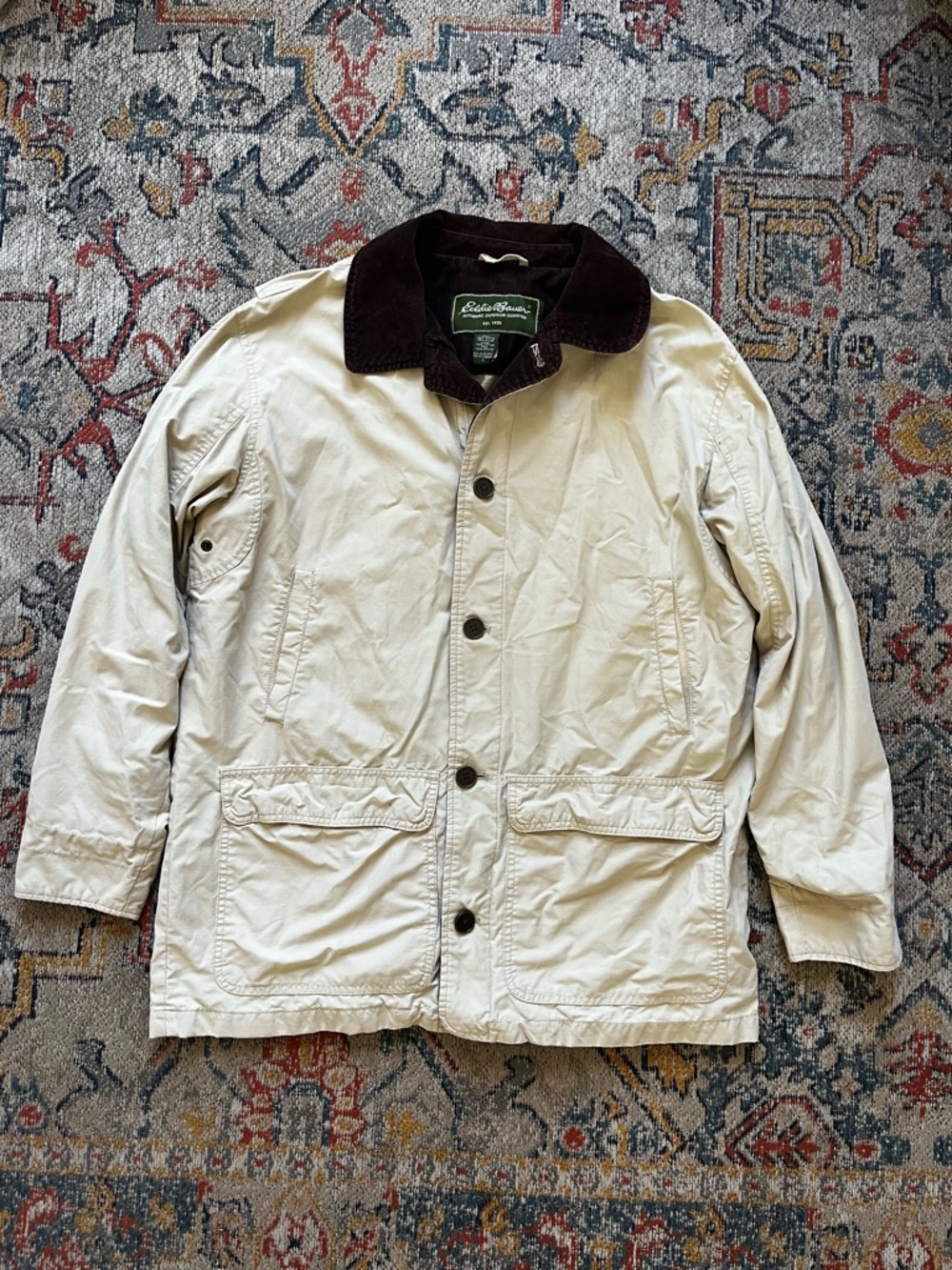 Eddie Bauer Men's Cream Field Jacket with Dark Brown Corduroy Collar. L